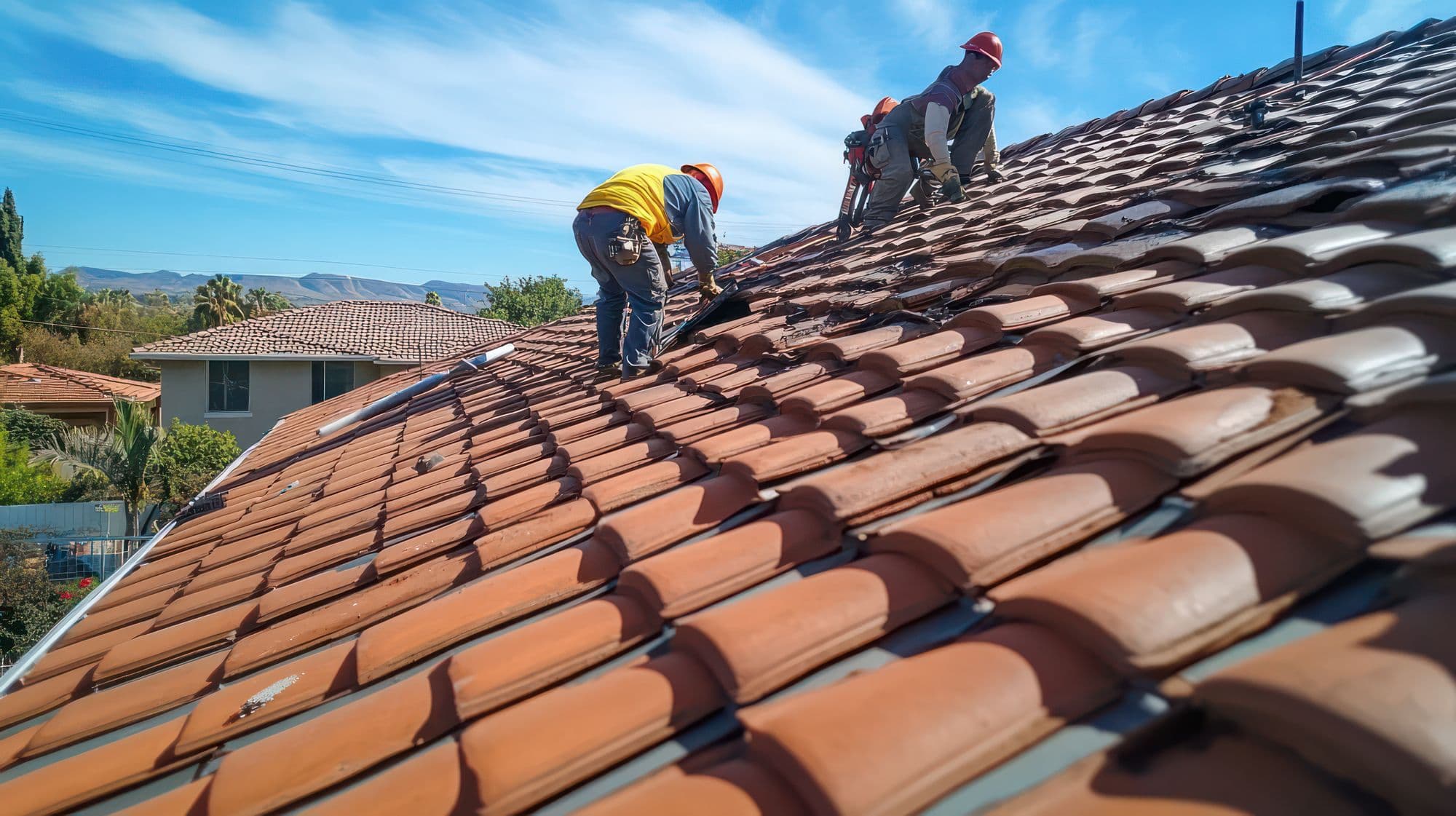 Roofers replacing a clay tile roof